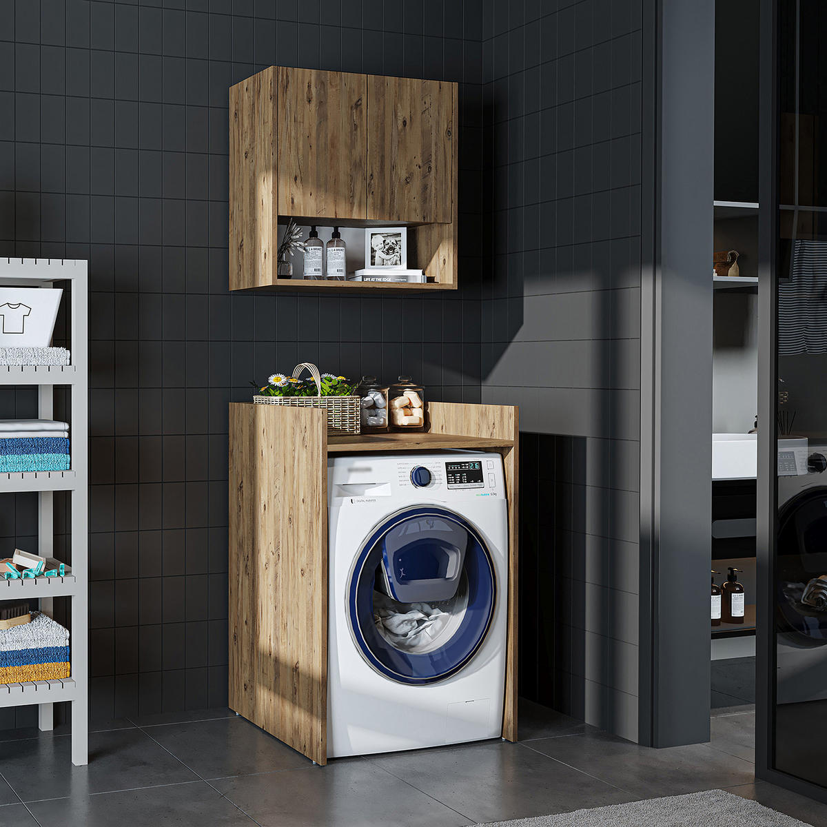WASCHMASCHINENSCHRANK DERIN-I 65cm Breit, 99cm Hoch - Eichefarben, Holzwerkstoff (65/99/60cm)