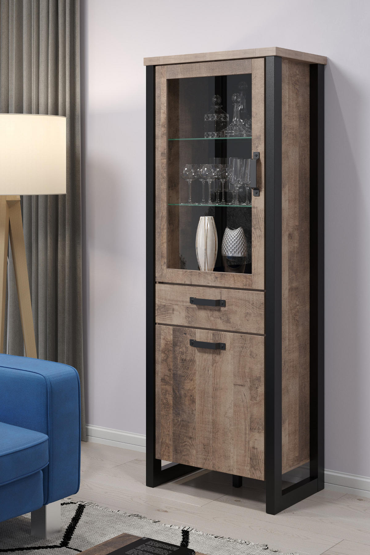 VITRINE Eiche Tabak, schwarz 70 x 195 cm, Vitrinenschrank für Wohn- und Esszimmer - Eichefarben/Schwarz, Glas/Holzwerkstoff (70/195/45cm) - Top.Furn