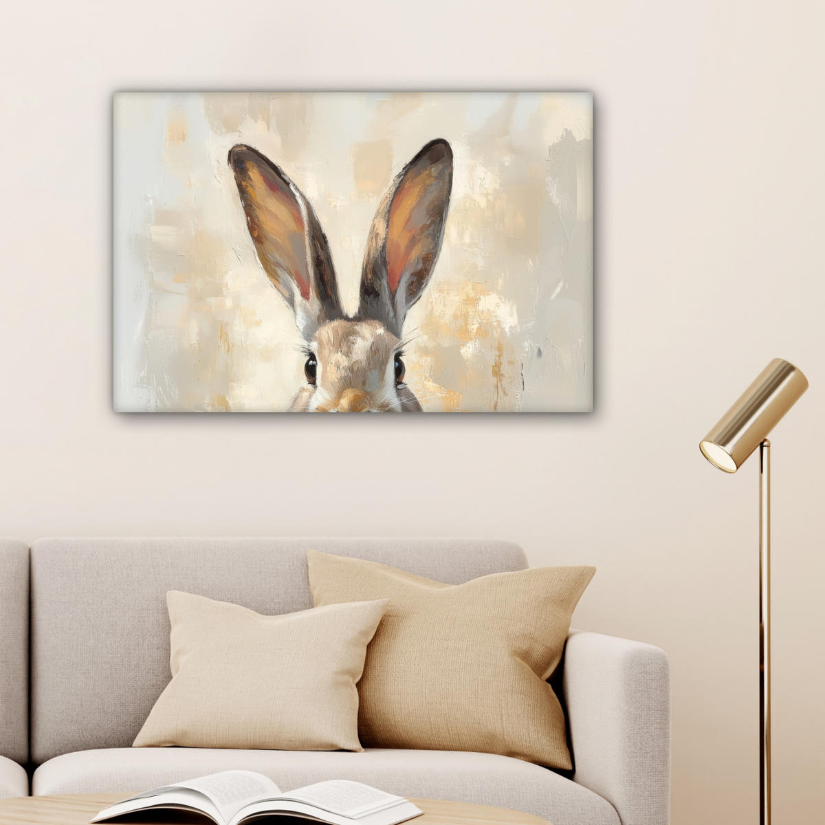 LEINWANDBILD Hase - Ohren - Braun Wanddeko 90x60 cm - Beige, Textil (90/60cm) - MuchoWow