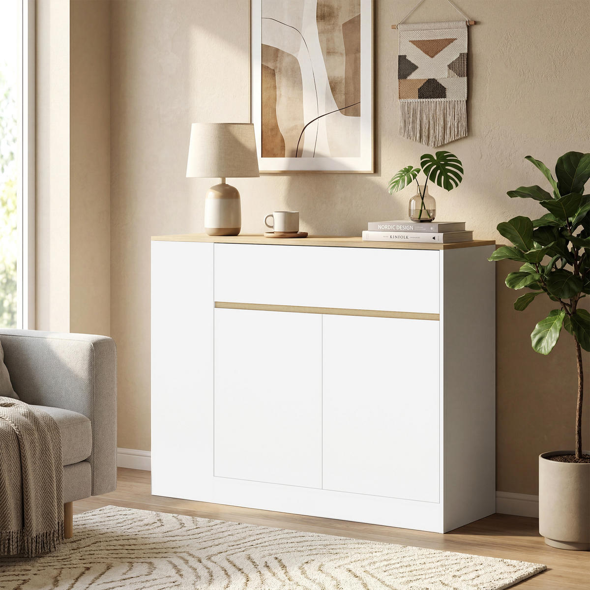 SIDEBOARD Küchenschrank mit Schublade, verstellbare Ablage, Aufbewahrungsschrank - Weiß/Naturfarben, Holz/Holzwerkstoff (30/81.2/106cm) - HOMCOM