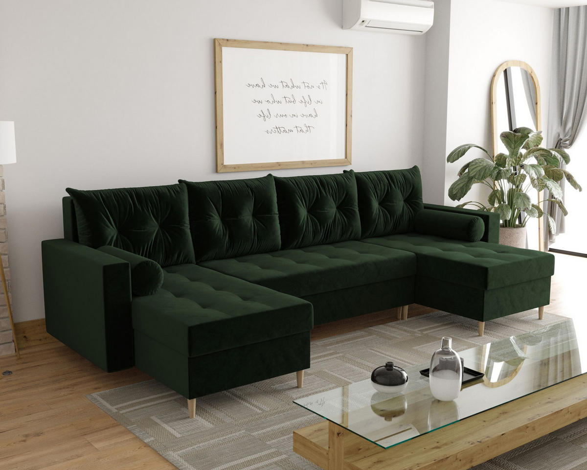 ECKSOFA SKANDI U Itaka 10 mit Schlaffunktion - Dunkelgrün, Textil (300/88/145cm) - Bedante