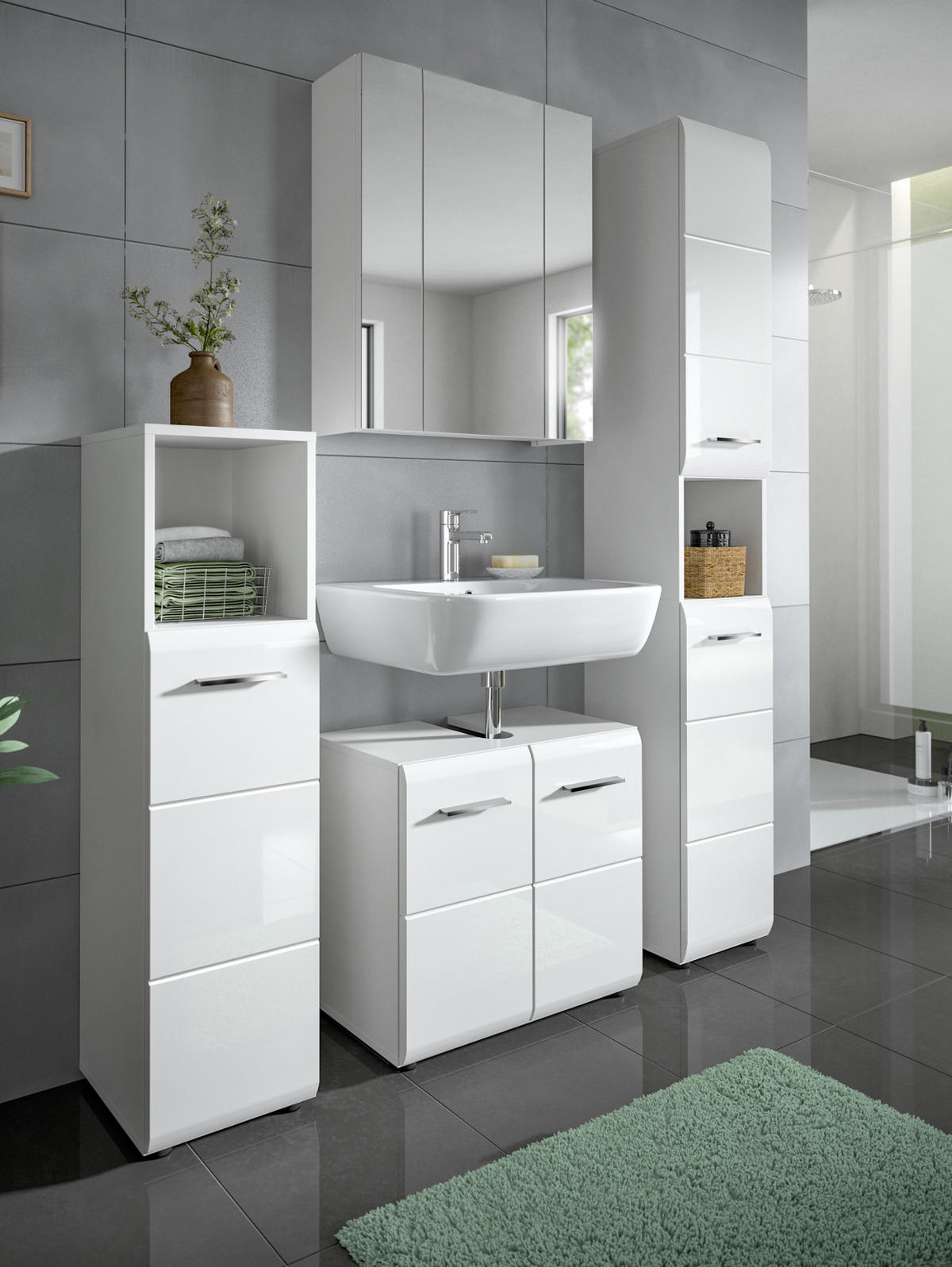 BADMÖBEL-SET weiß Hochglanz 4-teilig 150 cm, Komplettset mit viel Stauraum - Weiß Hochglanz/Silberfarben, Glas/Holzwerkstoff (150/185/30cm) - Inn.Furn