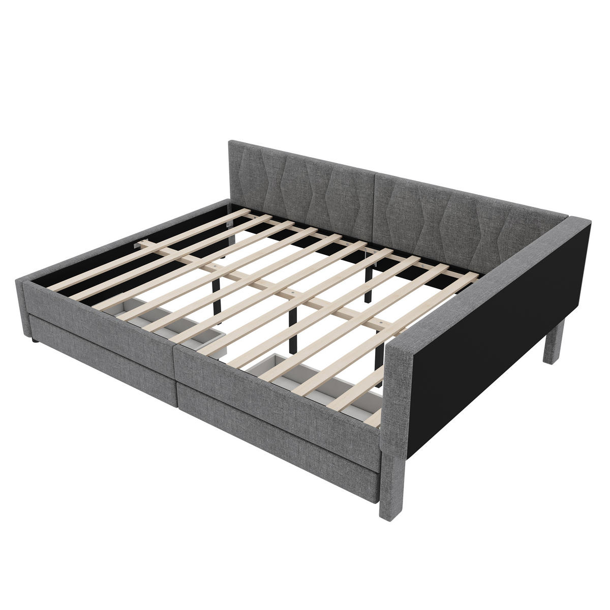 TAGEBETT 140x200cm Grau Leinen USB-C LED-Licht 2 Schubladen - Grau, Holz (140/200cm) - FLIEKS