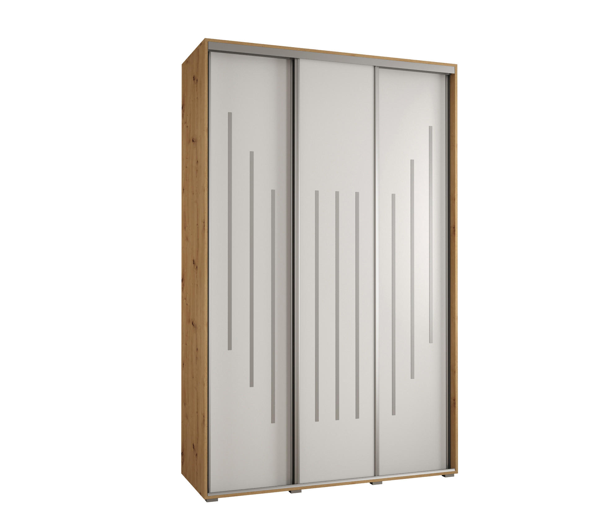 Abiks Möbel Schwebetürenschrank Eiche Artisan, Weiß, Silber 150x235x60 cm