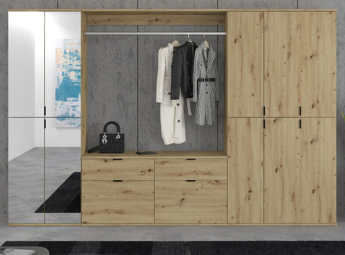 GARDEROBEN-SET Eiche 273 cm, Komplettset mit flexibler Inneneinteilung - Schwarz/Eiche Artisan, Glas/Holzwerkstoff (273/193/34cm) - Inn.Furn