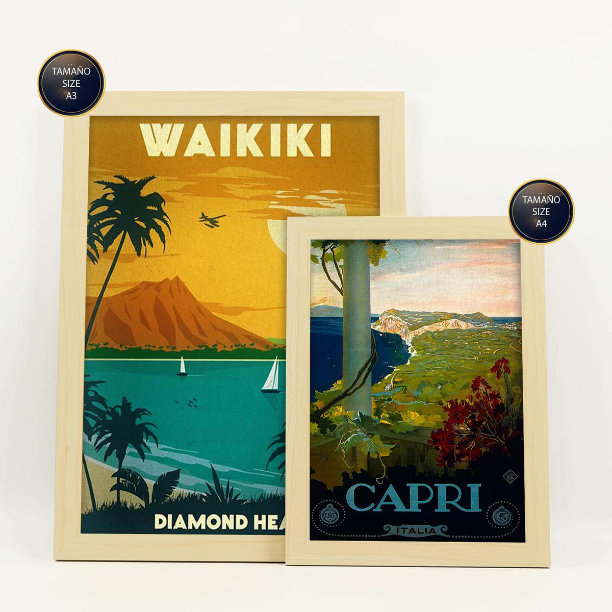 POSTER Set Mit 6 Strand & Kreuzfahrt Größe A3 & A4 Rahmen aus hellem Holz - Beige, Papier (29.7/1cm) - Nacnic