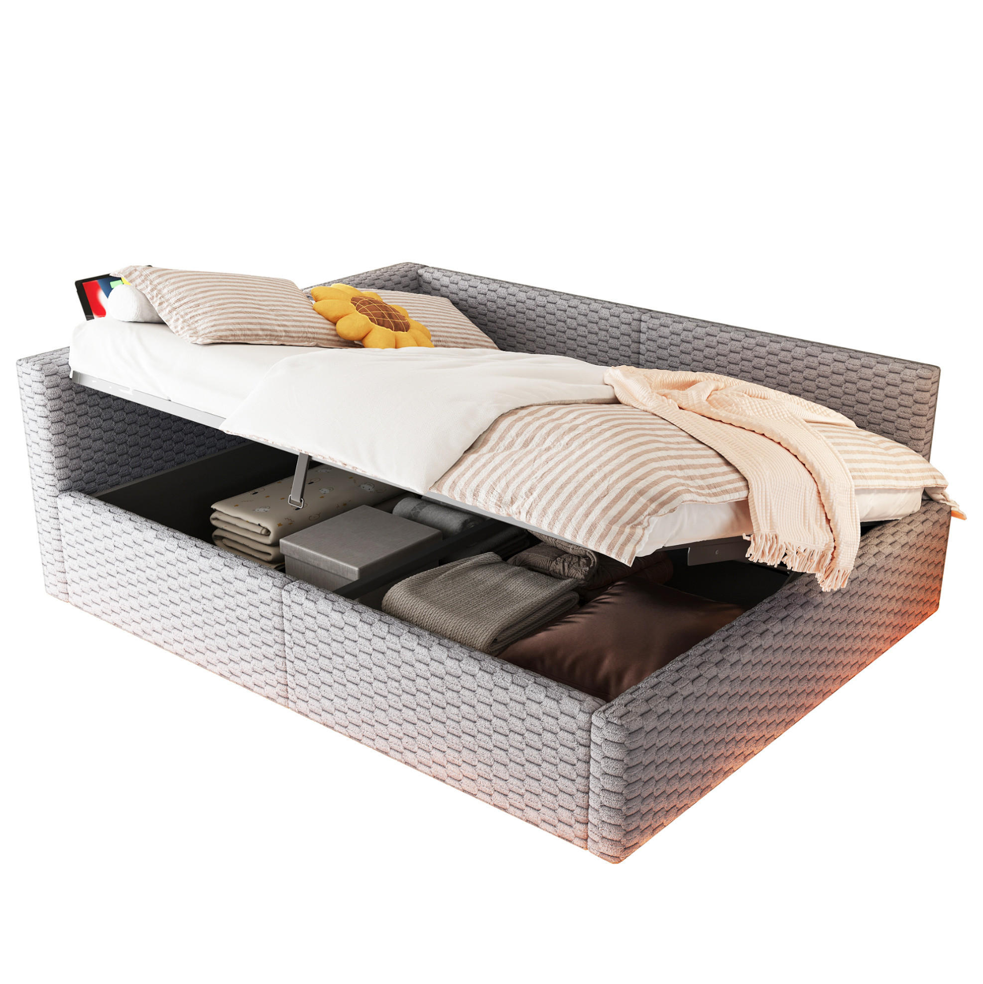 POLSTERBETT mit Bettkasten 140x200 cm Samt Grau mit LED und USB - Grau, Metall (140/200cm) - Meubliv