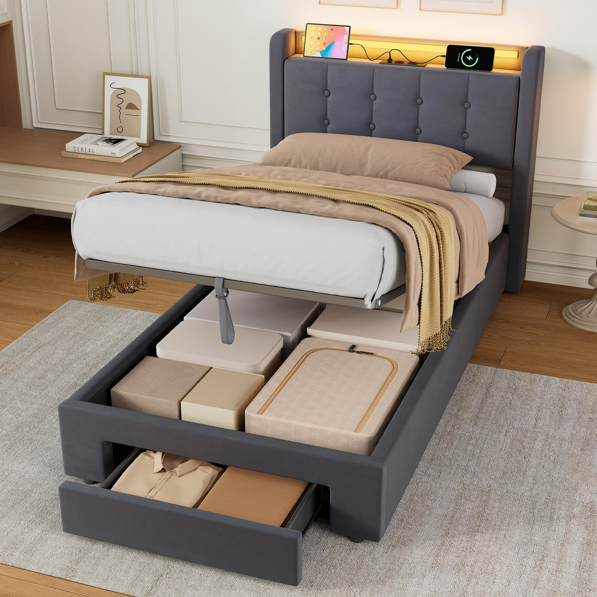 POLSTERBETT 90/200 cm in Grau, mit Matratze, Bettkasten, USB, LED, Stauraum und Schubladen - Grau, Holzwerkstoff/Textil (90/200cm) - WISHDOR