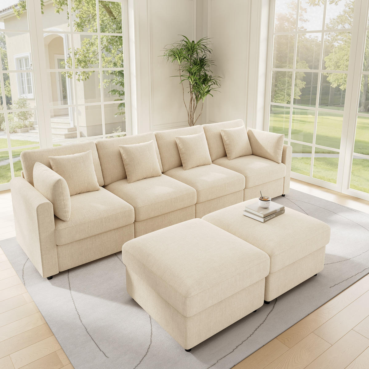 WOHNLANDSCHAFT 284/156.5/86 cm Beige mit 2 Hockern und verstellbaren Armlehnen - Beige, Textil (284/86/156.5cm) - Oxeza