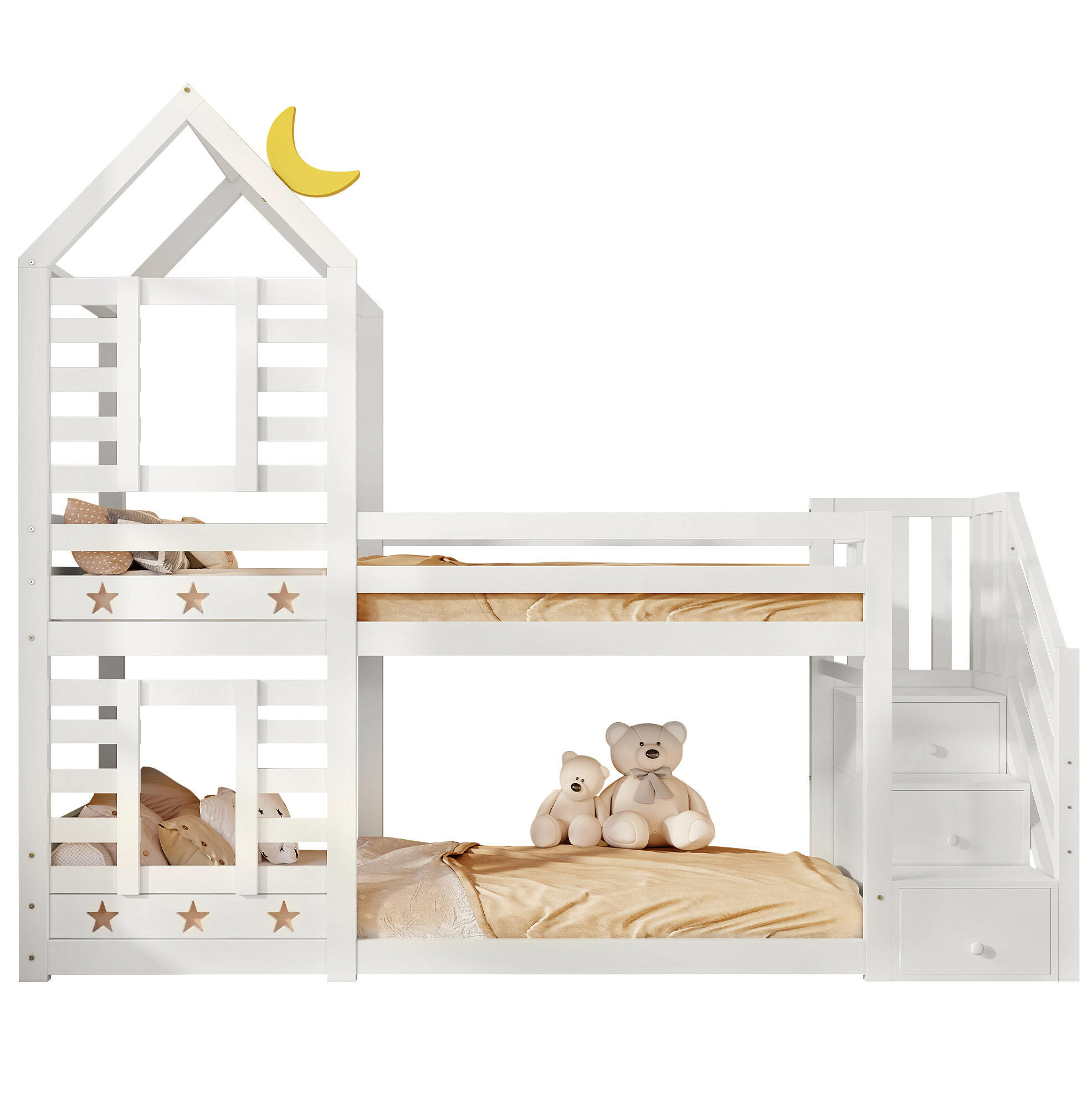 ETAGENBETT 90/200 cm mit Treppe, Schubladen, Rausfallschutz und Stauraum aus Holz, Weiß - Weiß, Holzwerkstoff - Redom