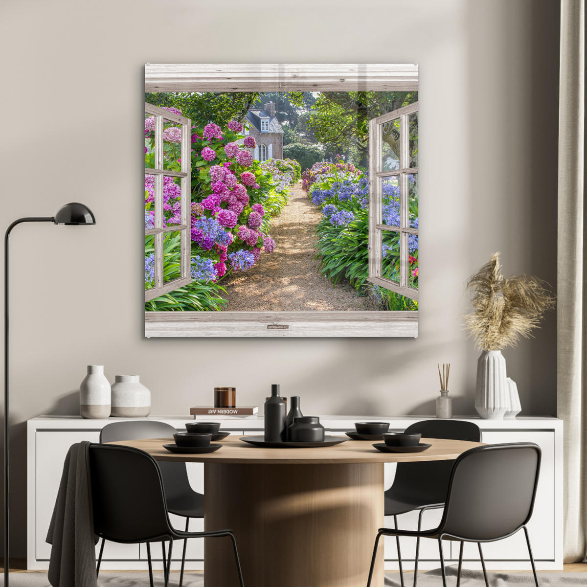 ACRYLGLASBILD Hortensie - Durchsichtig - Blumen - Sommer - Lila - Weg 90x90 cm - Lila, Glas (90/90cm) - MuchoWow