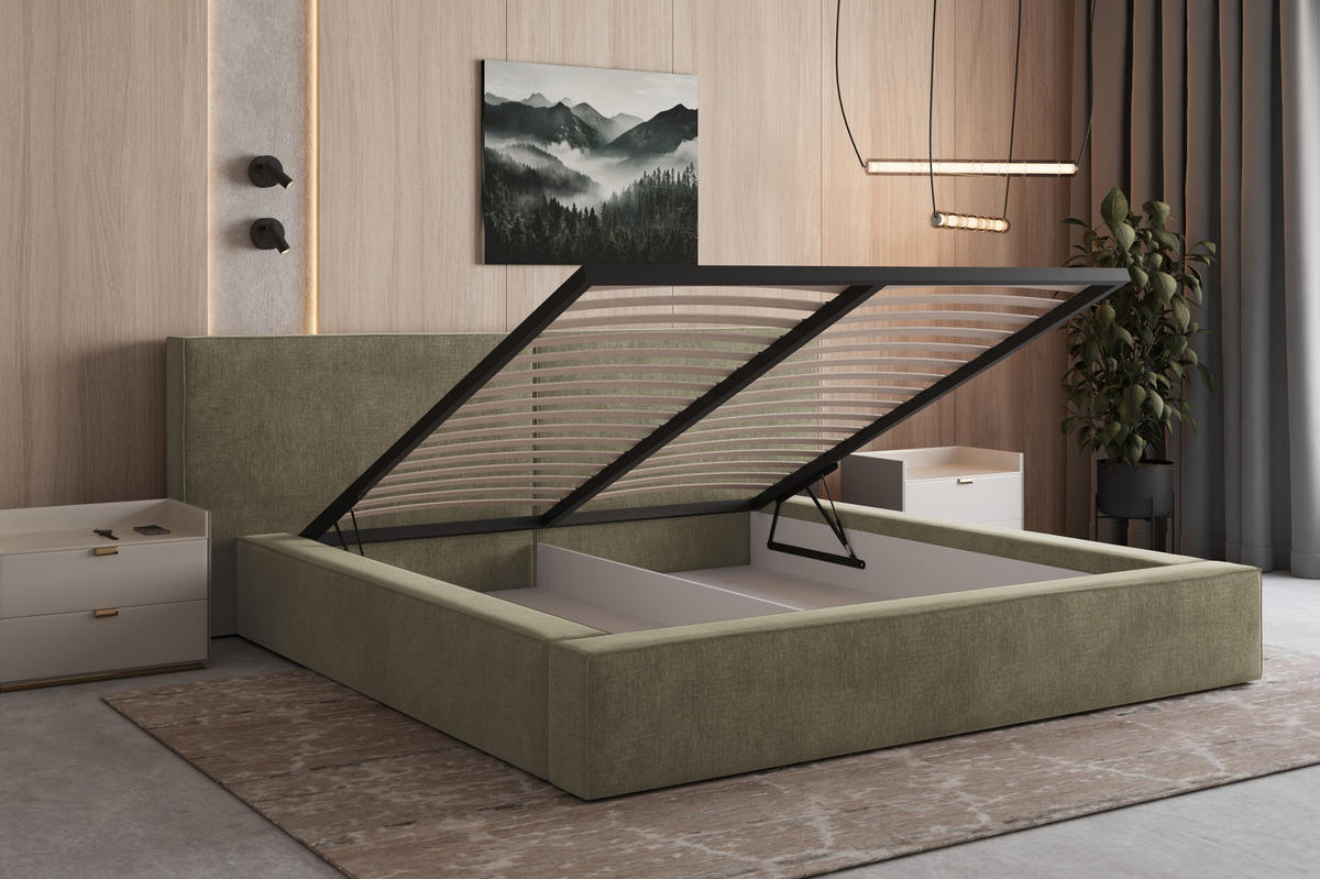 POLSTERBETT 06 140x200 cm – Tresor - Bett mit Bettkasten, Metall-Lattenrost - Olivgrün, Holz (140/200cm) - ROYAL24_MARKT