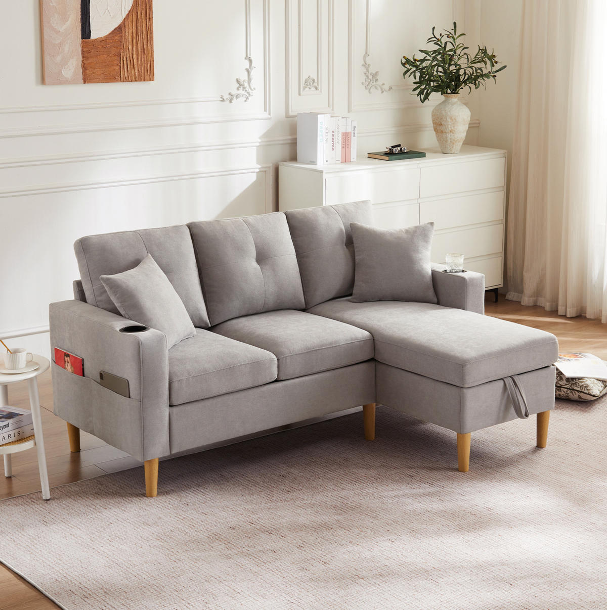 SOFA mit Chaiselongue und Stauraum 175 x 129 cm Baumwoll-Leinen Hellgrau - Hellgrau, Textil (175/129cm) - IVMEU