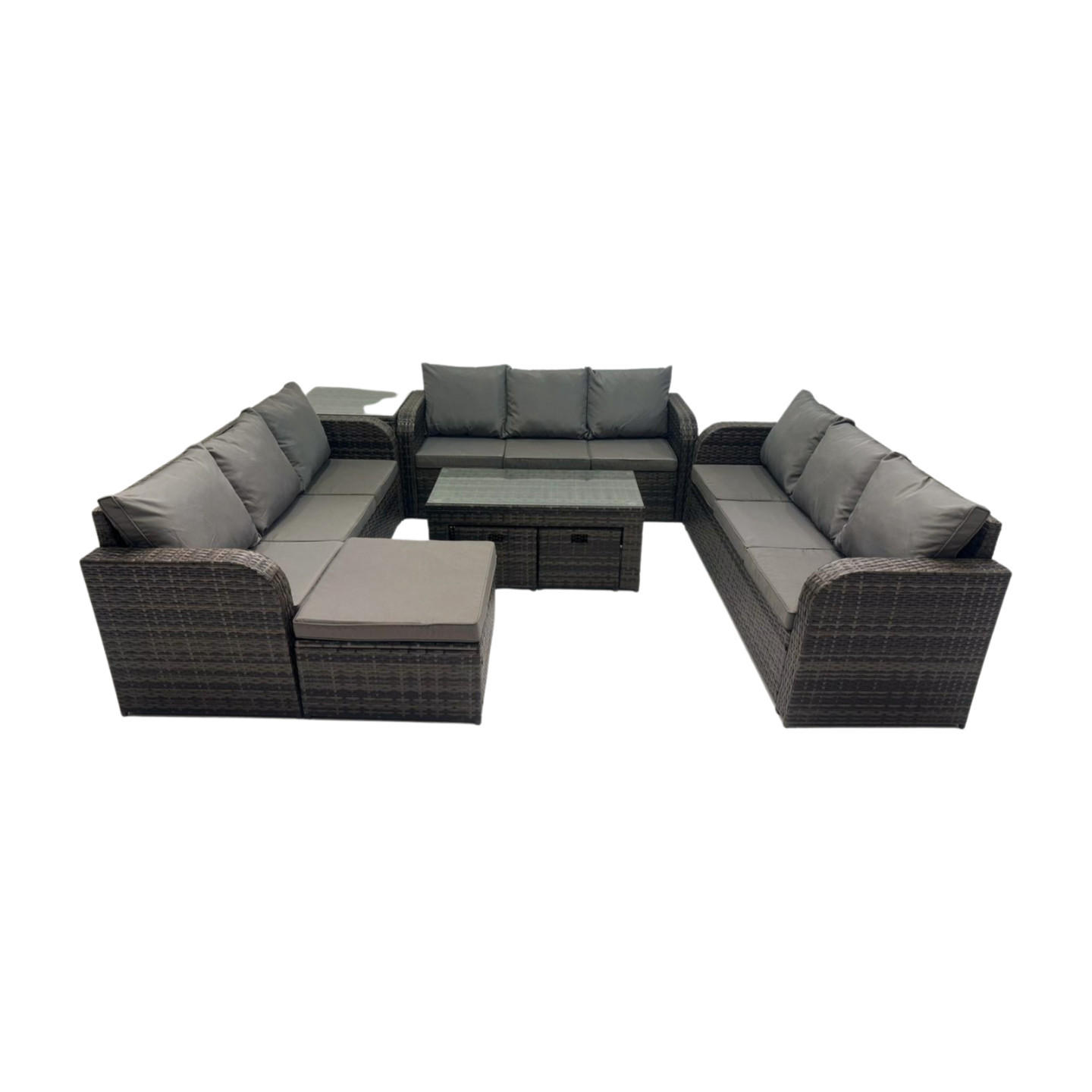 GARTENSOFA SET mit rechteckigem COUCHTISCH Polyrattan 12-Sitzer Dunkelgrau - Dunkelgrau/Grau, Glas/Kunststoff - Fimous