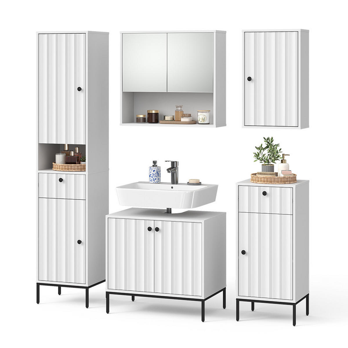 BADMÖBEL-SET Eliza Weiß Riffel 5 Teile - Weiß, Holzwerkstoff (70/65/45cm) - Vicco