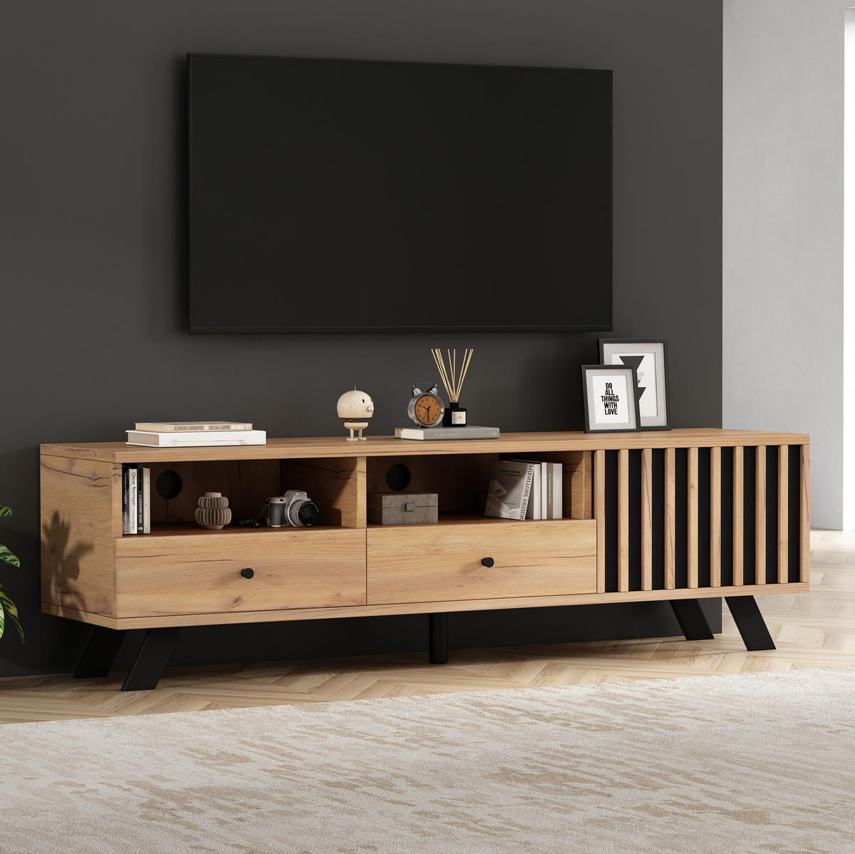 TV stolek 150/38/44 cm s 2 zásuvkami, skříňkou a otevřenými přihrádkami, vhodný pro TV do 60", Dubová barva - přírodní, kompozitní dřevo (150/44/38cm) - Redom