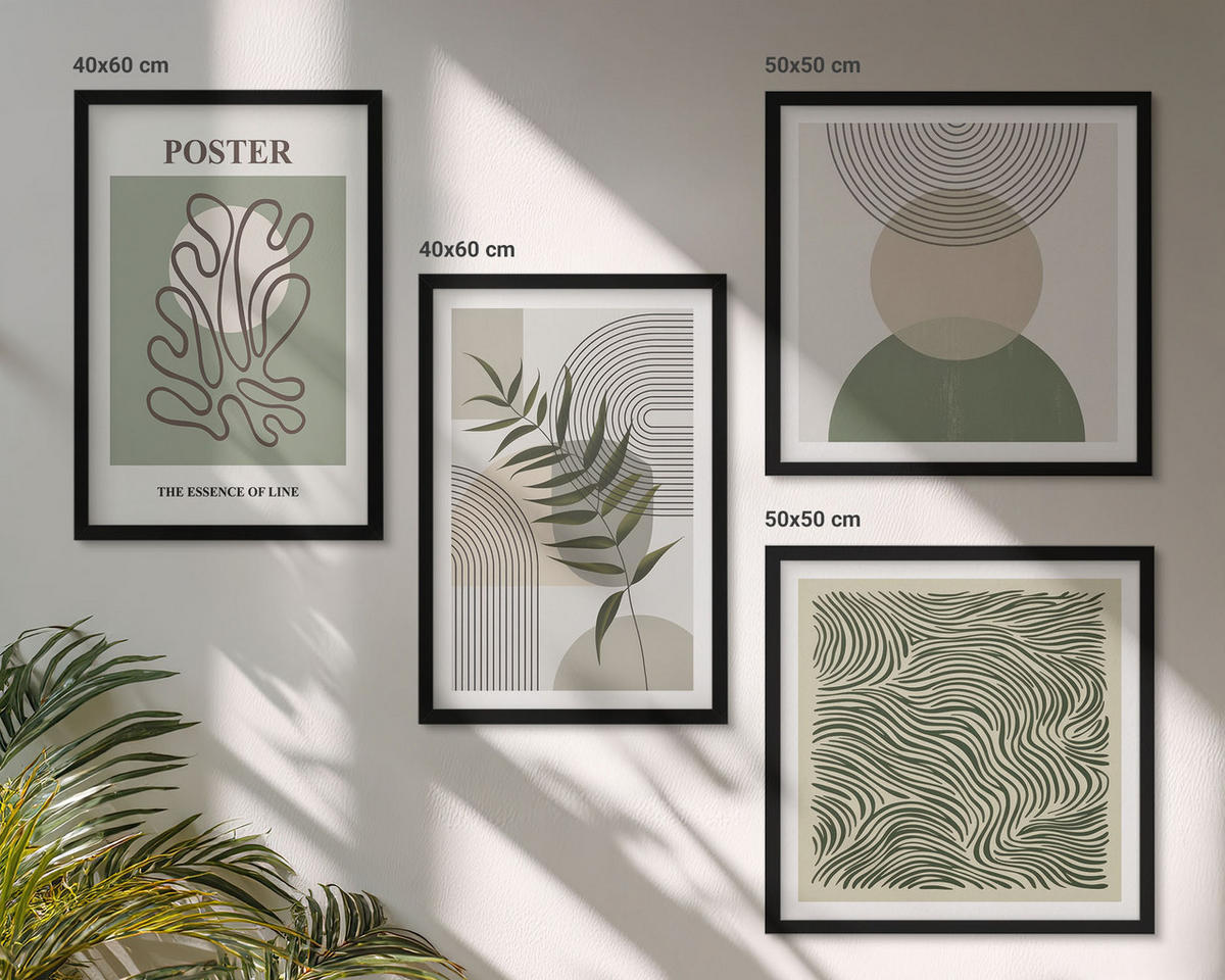 BILDER SET 4er Set - 50x50 cm & 40x60 cm Schwarzer Rahmen - Geometrische botanische Muster - Schwarz, Kunststoff (50/50cm) - TULUP