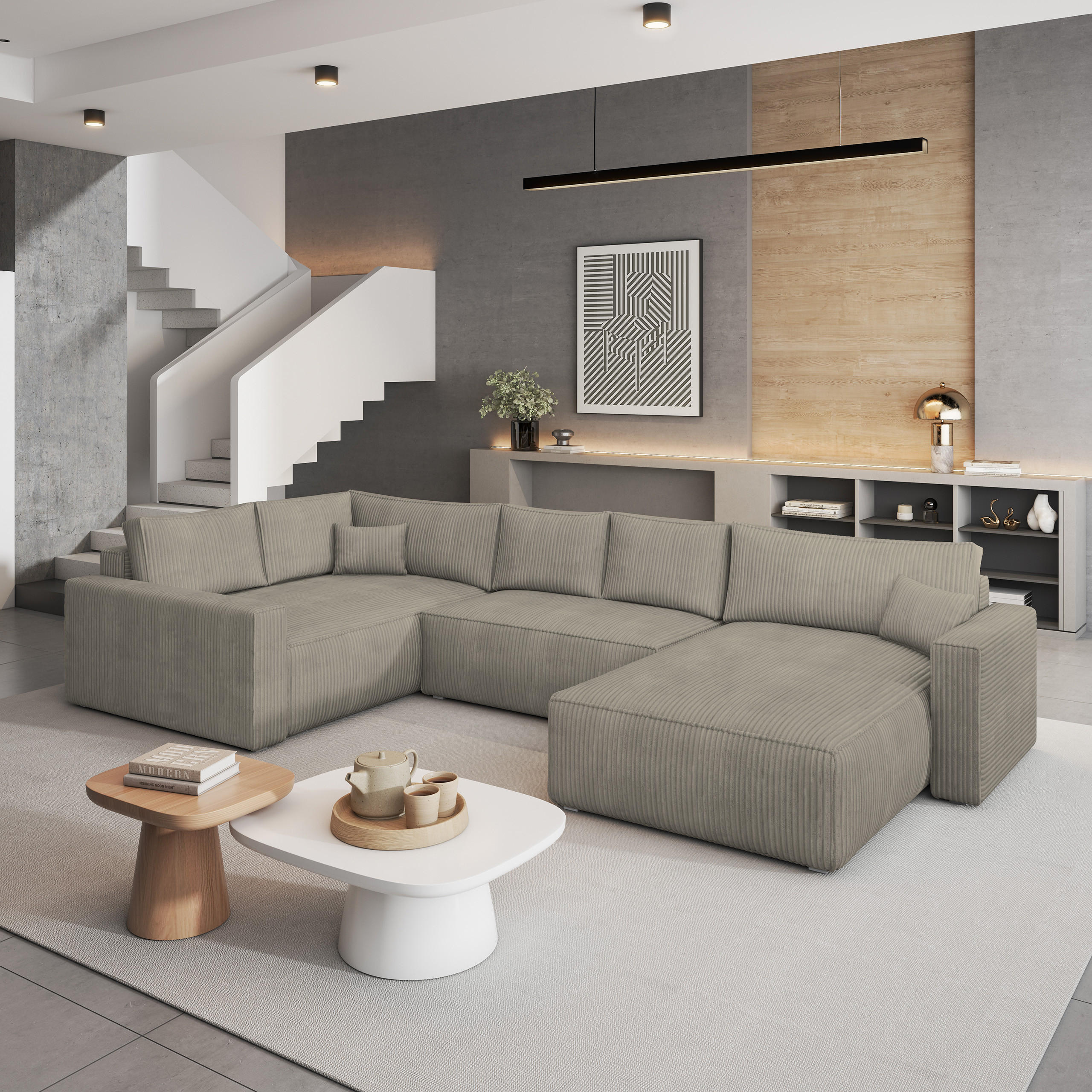 WOHNLANDSCHAFT VELAMI L-S Beige Kordstoff mit Schlaffunktion - Beige, Holz (365/83/194cm) - MASSENO
