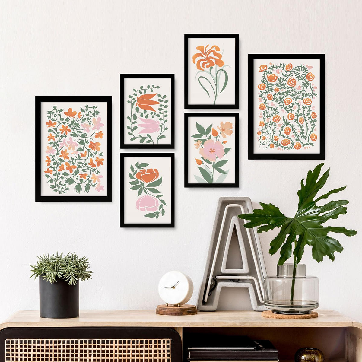 POSTER Set Mit 6 Fustige Blume In Blume Zusammenfassung Ästhetische Dekorative Gemälde Für Ihr Wohnzimmer Zuhause A3 & A4 Schwarzer Rahmen - Schwarz, Papier (29/3cm) - Nacnic