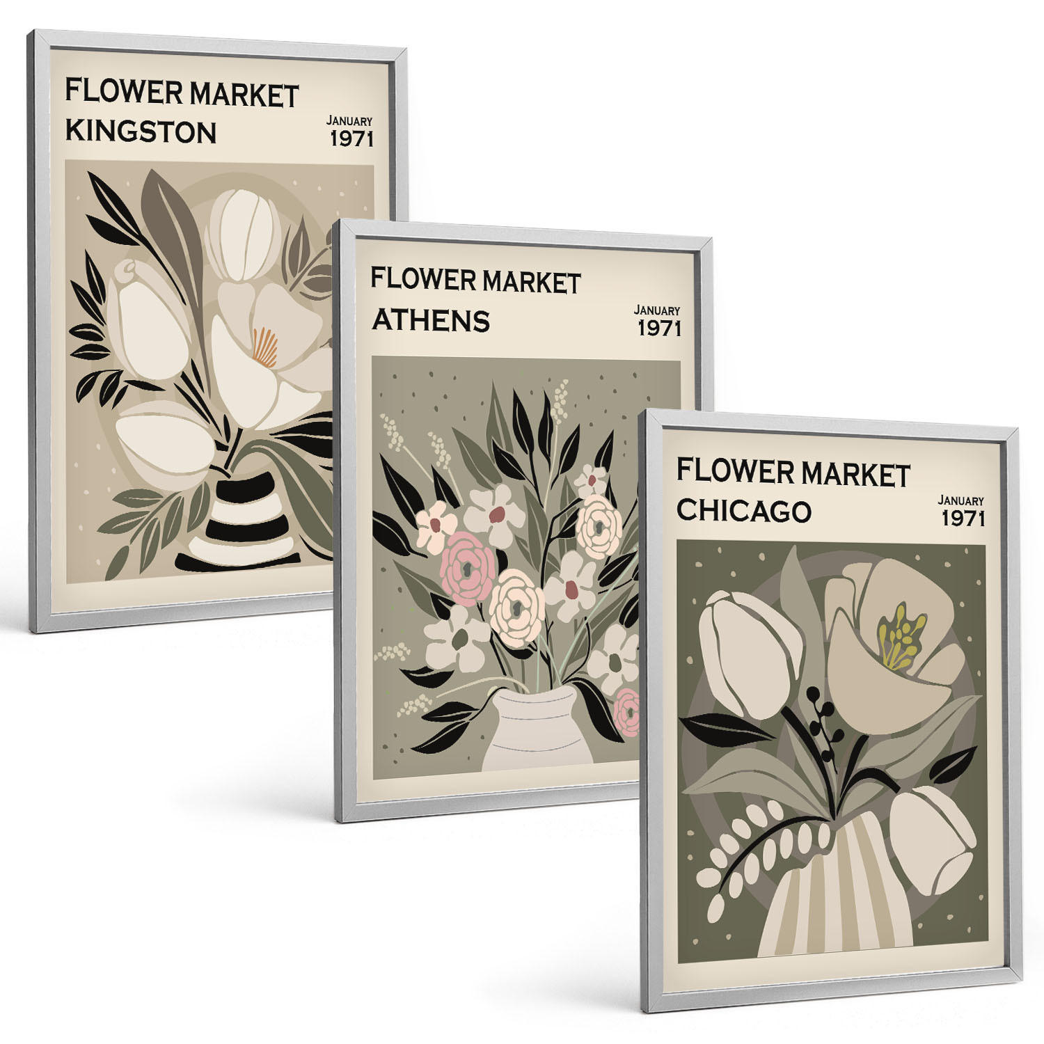 BILDER SET 3er Set - 40x60 cm Silberner Rahmen - Retro-Blumenarrangements - Silberfarben, Kunststoff (40/60cm) - TULUP