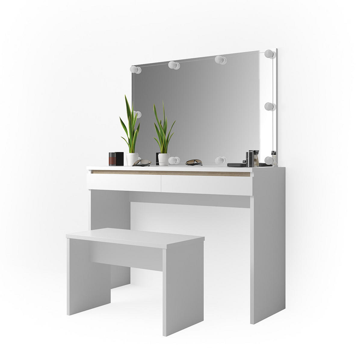 SCHMINKTISCH Emma Weiß 120 cm mit LED Beleuchtung und Bank - Weiß, Holzwerkstoff (120/83/41.8cm) - Vicco