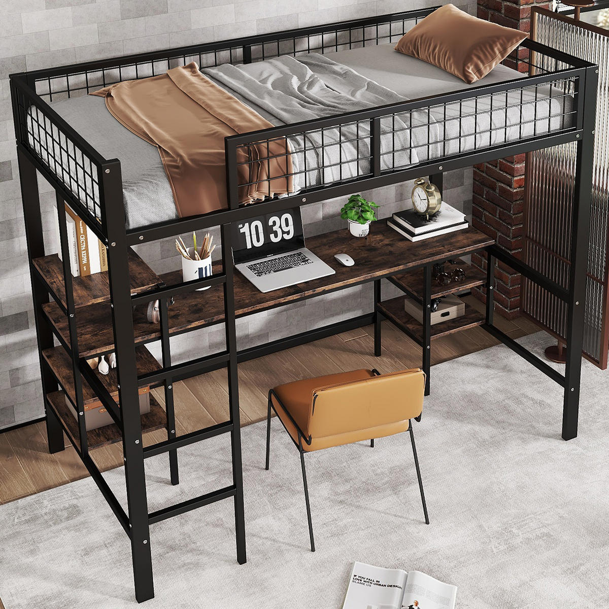 ETAGENBETT 90/200 cm schwarz aus Metall und Spanplatte mit Tisch und Regalen - Schwarz, Metall (90/200cm) - OKWISH