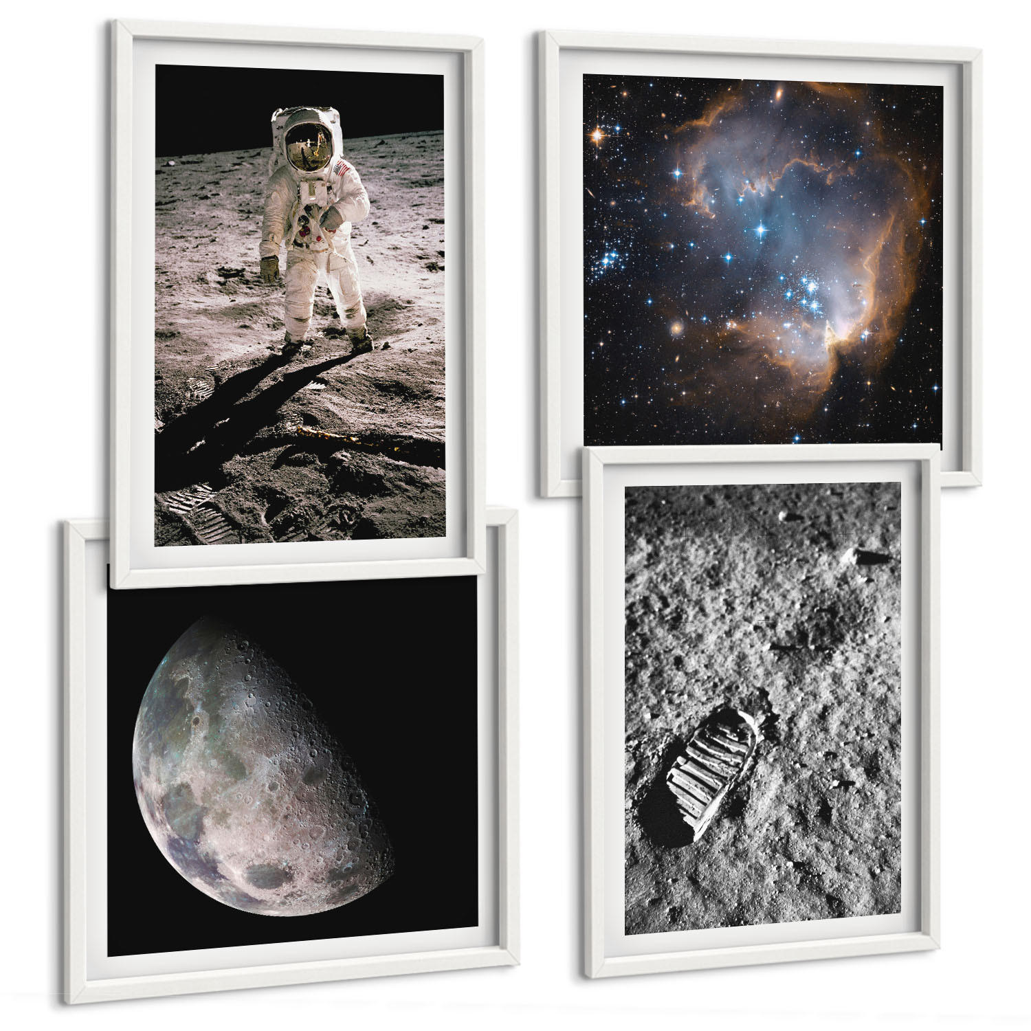 BILDER SET 4er Set - 50x50 cm & 40x60 cm Weißer Rahmen - Astronautenfoto vom Mond - Weiß, Kunststoff (50/50cm) - TULUP