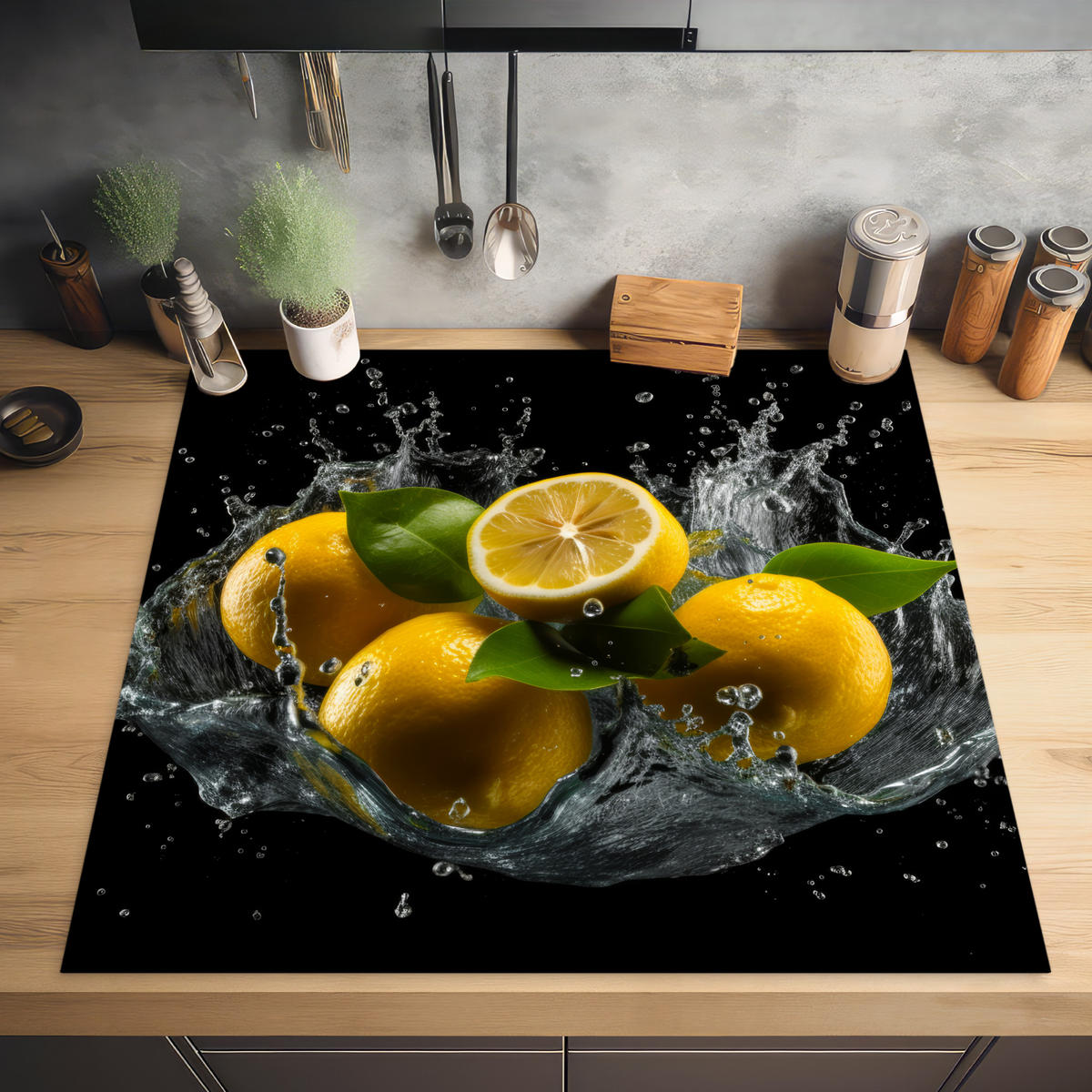 HERABDECKPLATTE - Zitrone - Obst - Gelb - Schwarz - 58x59 - Gelb, Kunststoff (58/59/0.2cm) - MuchoWow