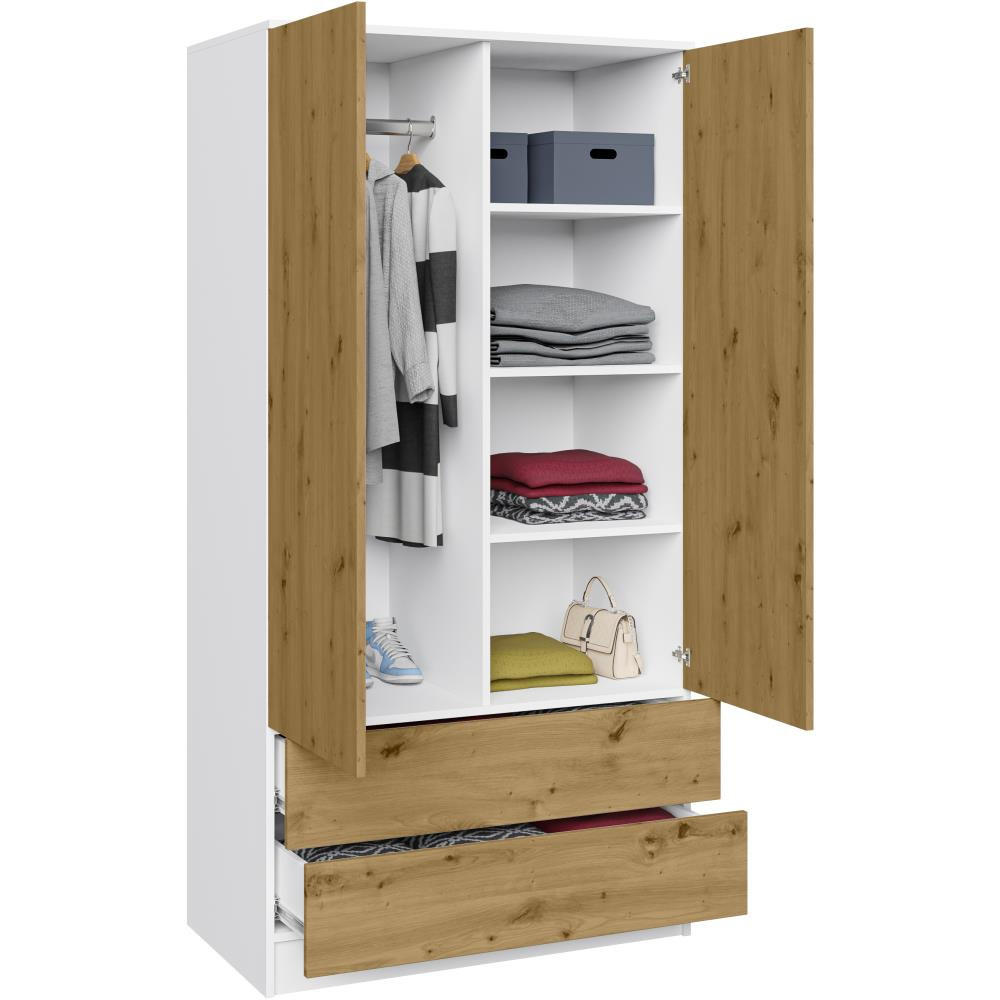 Thumbnail - Beautysofa Drehtürenschrank, Weiß, Eiche Artisan, Holzwerkstoff, 2 Schubladen, 90x180x50 cm, Schlafzimmer, Kleiderschrän...