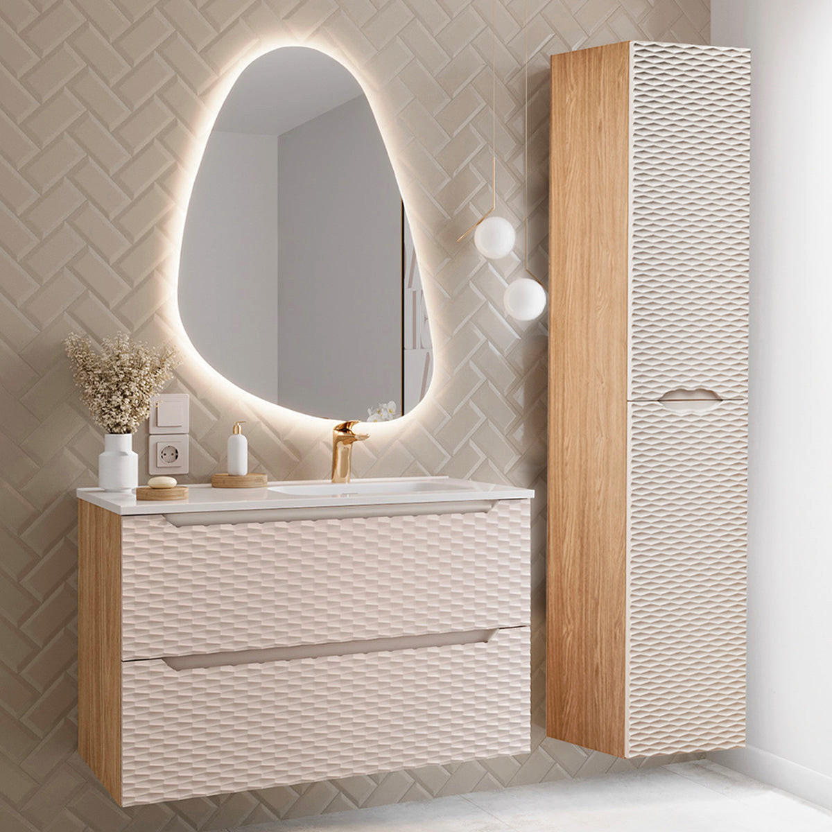 KÚPEĽŇOVÝ NÁBYTOK 90cm Elora 2-dielna súprava Béžová a drevo - hnedá, kompozitné drevo (90/57/46cm) - Petits-meubles