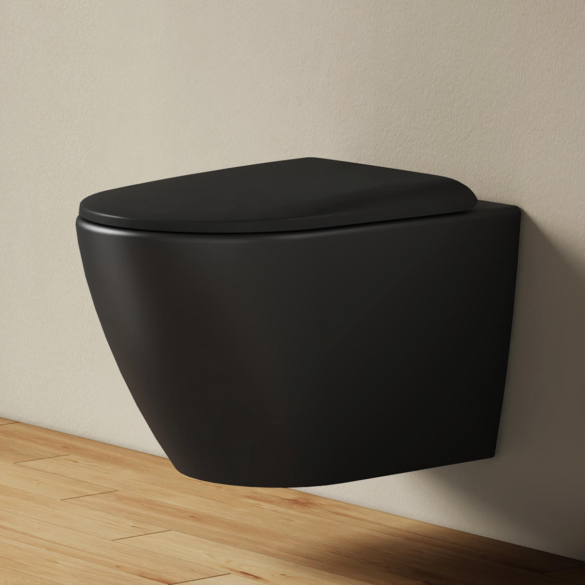 WAND-WC Set ohne Spülrand 49 x 37 cm inkl. WC-Sitz mit Absenkautomatik schwarz matt - Schwarz, Keramik (37/37/49cm) - EMKE