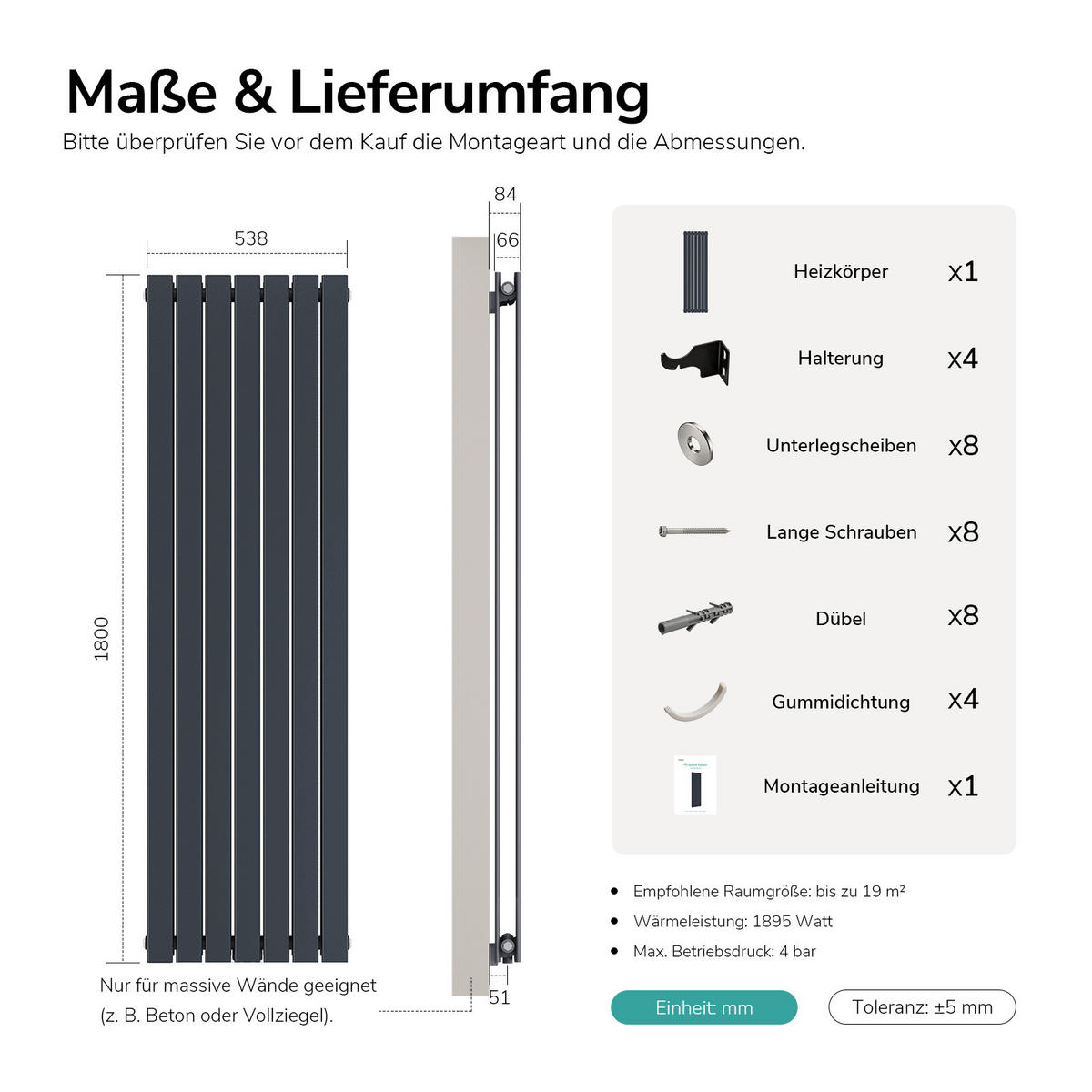 HEIZKÖRPER Zweilagig Vertikal Mittelanschluss Anthrazit 180/54/6,6 cm - Anthrazit, Metall (53.8/180/6.6cm) - EMKE