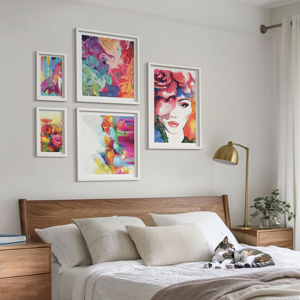 BILDER SET 5er Set - 50x50 cm & 20x30 cm & 40x60 cm Weißer Rahmen - Farbenfrohe Abstraktionen der Form - Weiß, Kunststoff (40/60cm) - TULUP