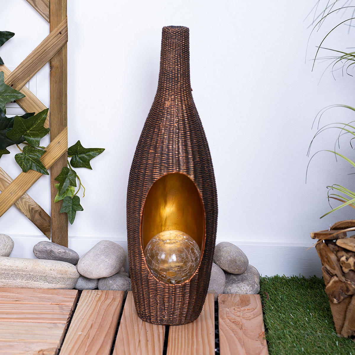 LED AUSSENLEUCHTE Rattan Braun Gold - Braun, Glas (14.3/13/45.5cm)