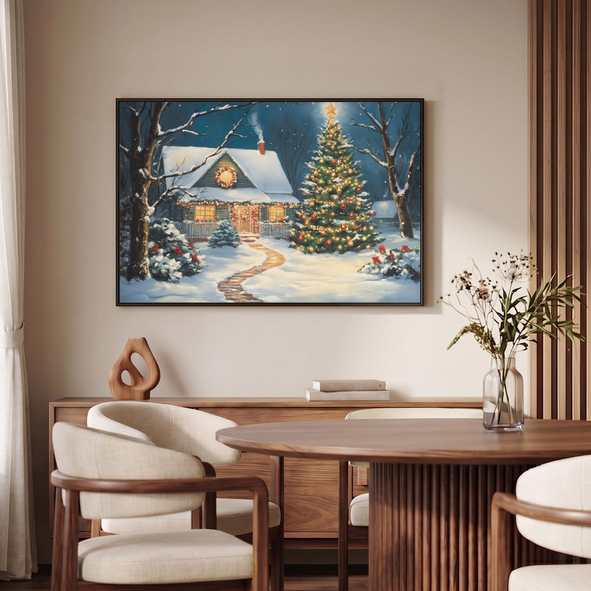 LEINWAND Bilder mit Rahmen - Weihnachten - Weihnachtsbaum - Winter - Zuhause - Schnee - 90x60 - Smaragdgrün, Textil (90/60cm) - MuchoWow