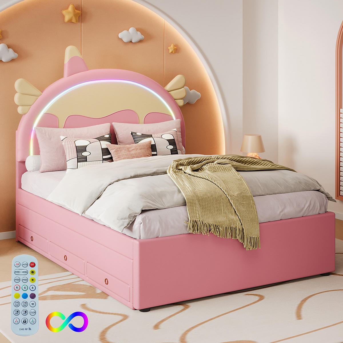 KINDERBETT 140/200 cm in PU Rosa mit Einhornform - Pink, Holz/Textil (140/200cm) - KOMHTOM