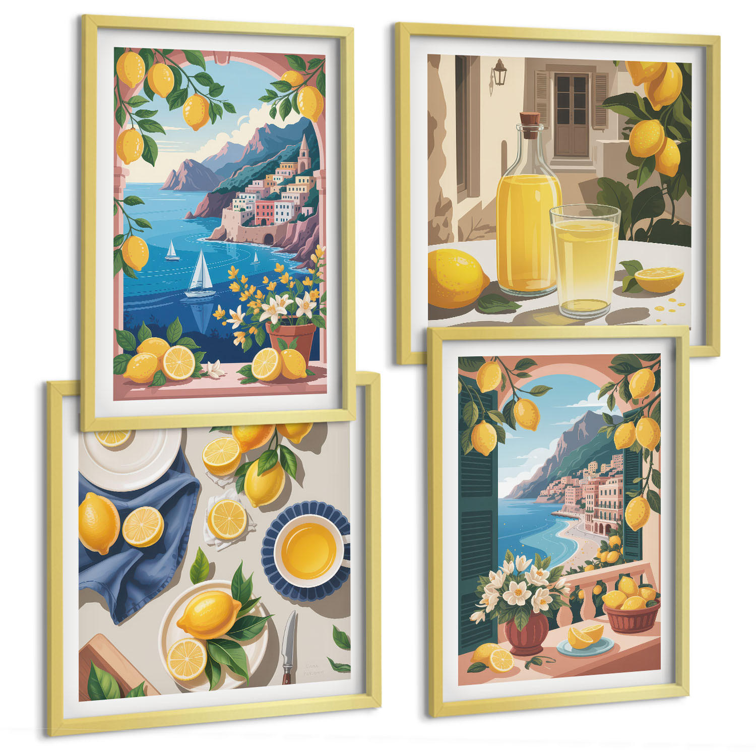 BILDER SET 4er Set - 50x50 cm & 40x60 cm Goldrahmen - Meerblick, italienische Zitronen - Goldfarben, Kunststoff (50/50cm) - TULUP