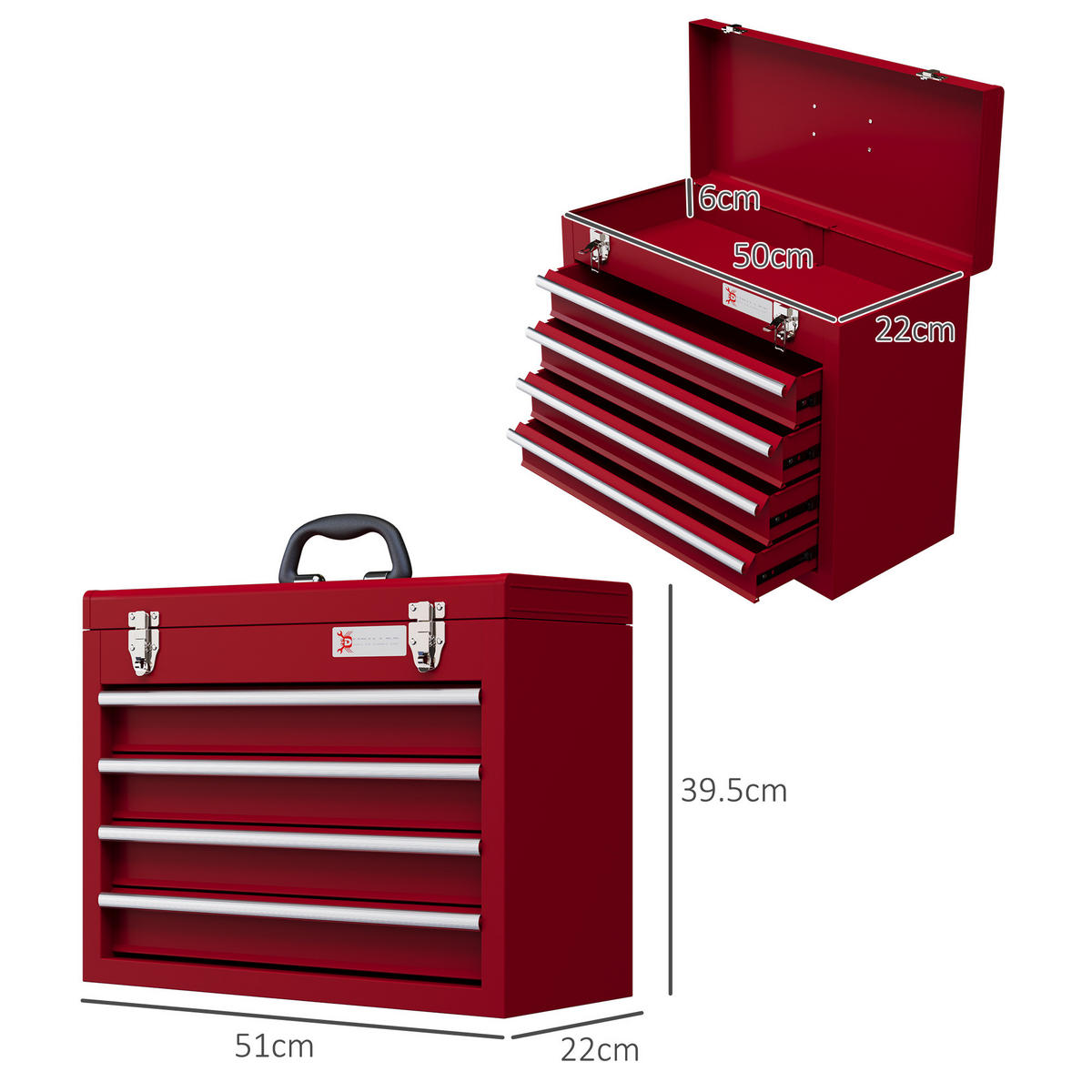 WERKZEUGKOFFER mit 4 Schubladen, Schloss und Griff, Stahl, Rot - Rot, Metall (22/39.5/51cm) - Novahome
