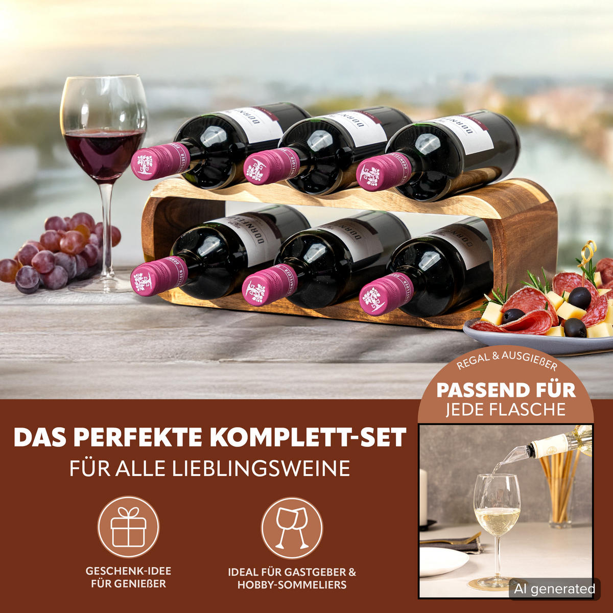 WEINREGAL-SET 6tlg, Akazienholz - Akaziefarben, Holz (38/12.5/16cm) - eluno
