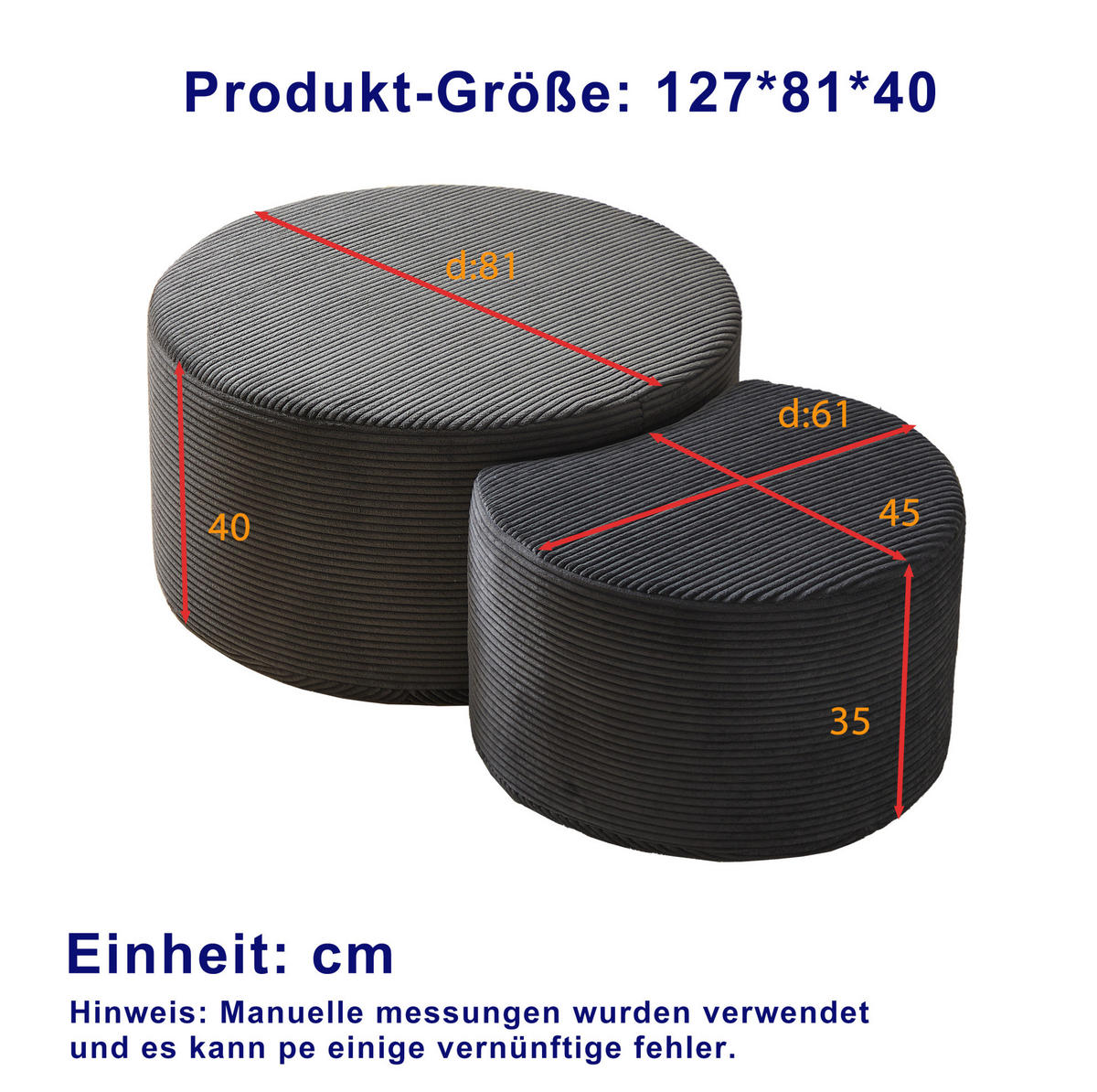 COUCHTISCH-SET 127/81/40 cm 2-teilig ohne Montage, vielseitig als Ottomanen und Beistelltische nutzbar, Stoff, Schwarz - Schwarz, Holzwerkstoff (127/81/40cm) - Redom