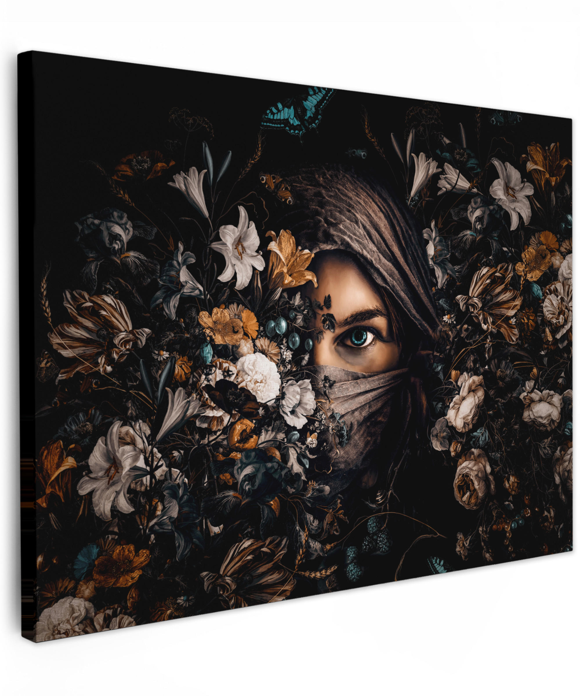 LEINWANDBILD Frau - Luxus - Blumen - Schmetterling - Porträt 40x30 cm - Schwarz, Textil (40/30cm) - MuchoWow