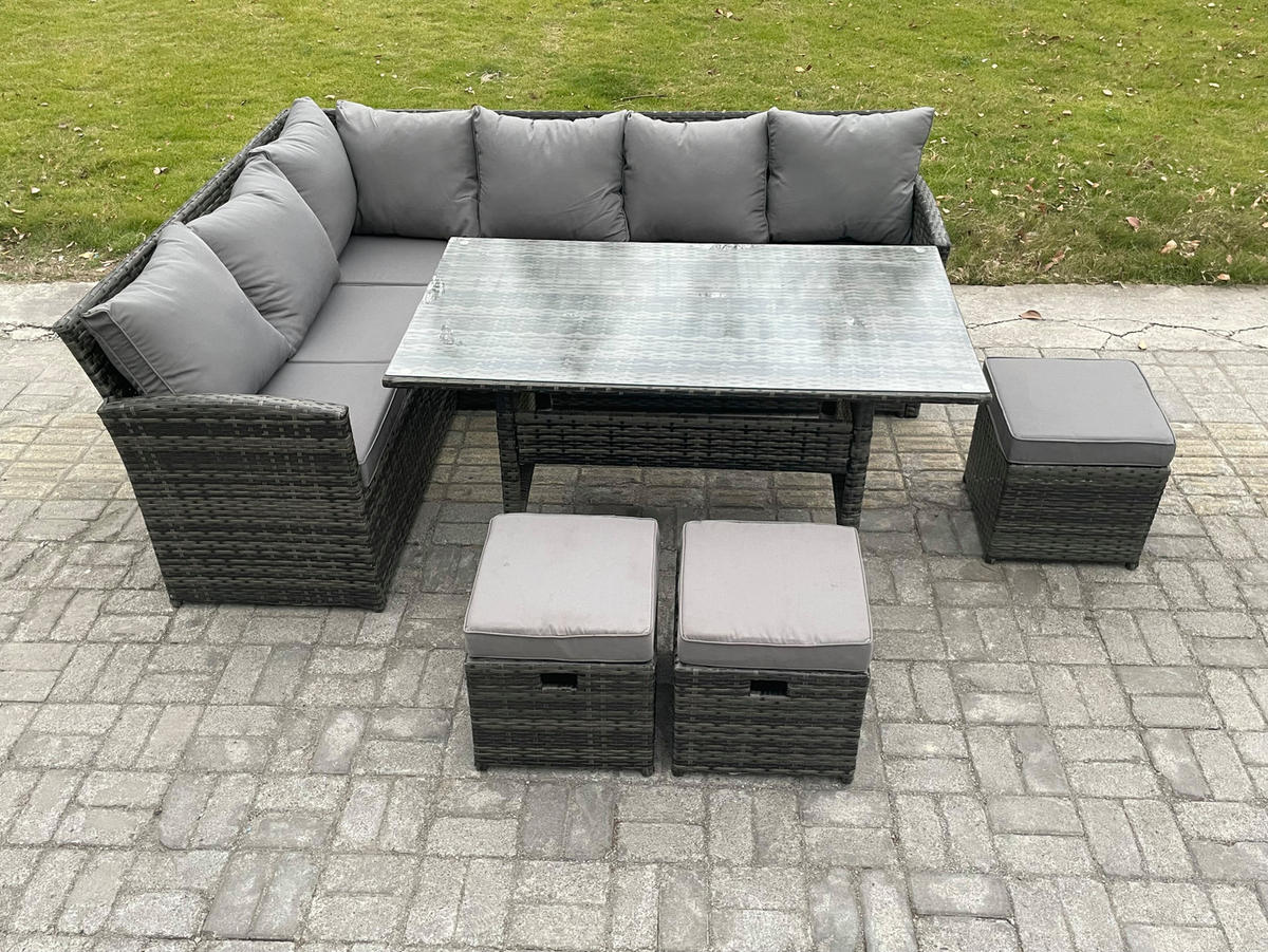 SITZGRUPPE mit Esstisch,Fußhocker Polyrattan Dunkelgrau 9-Sitzer - Dunkelgrau/Grau, Glas/Kunststoff - Fimous
