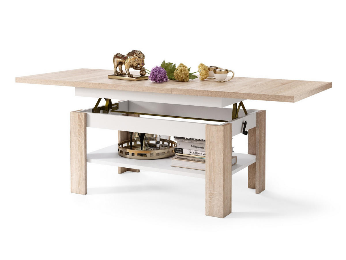 COUCHTISCH rechteckig Sonoma Eiche - Weiß ausziehbar höhenverstellbar - Weiß/Sonoma Eiche, Holzwerkstoff (65/130/58cm) - designimpex