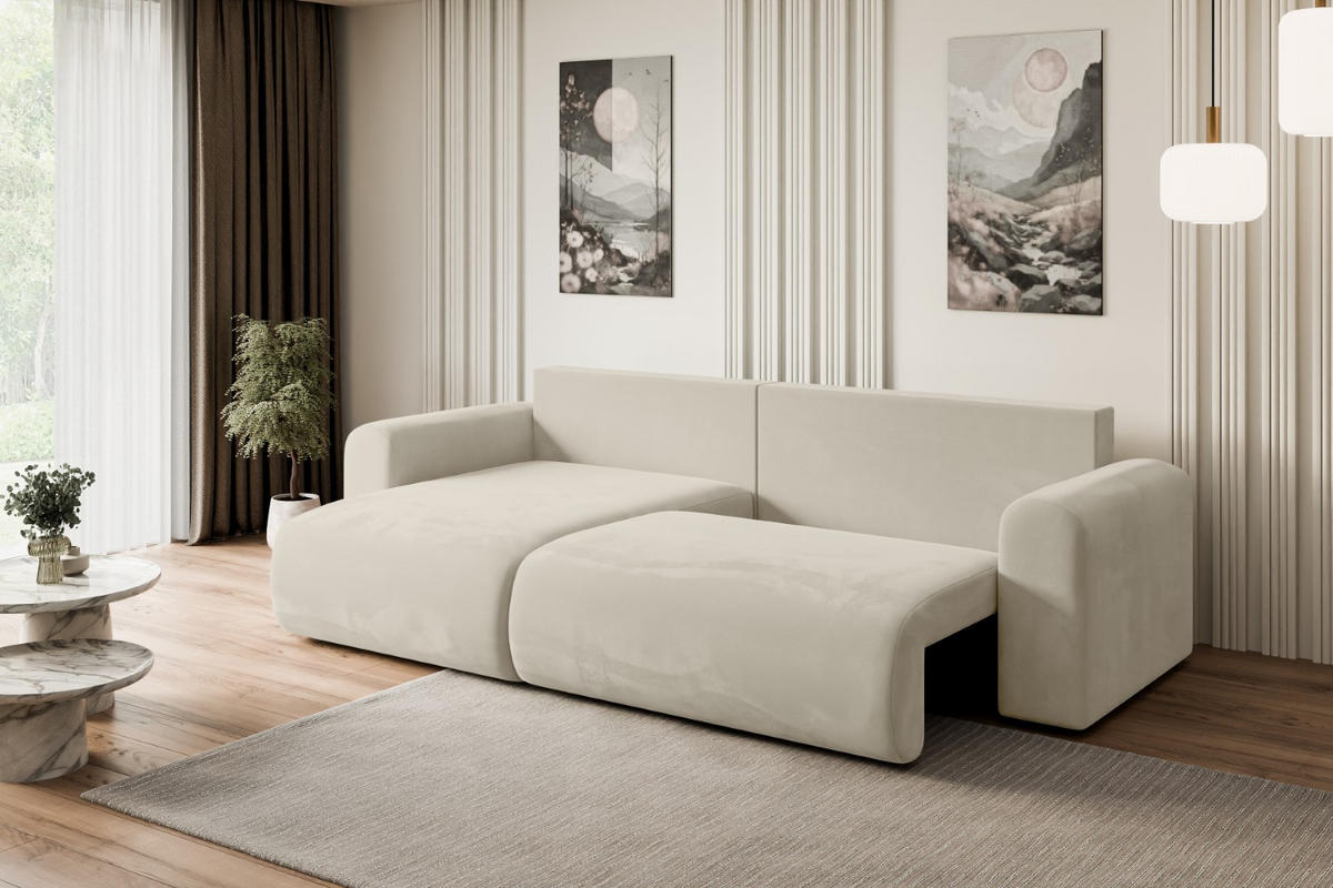ECKSOFA mit Schlaffunktion und Bettkasten ORRO-L - 272x145x83 cm Beige Velours - Beige/Schwarz, Holzwerkstoff/Kunststoff (272/145cm) - ALTDECOR