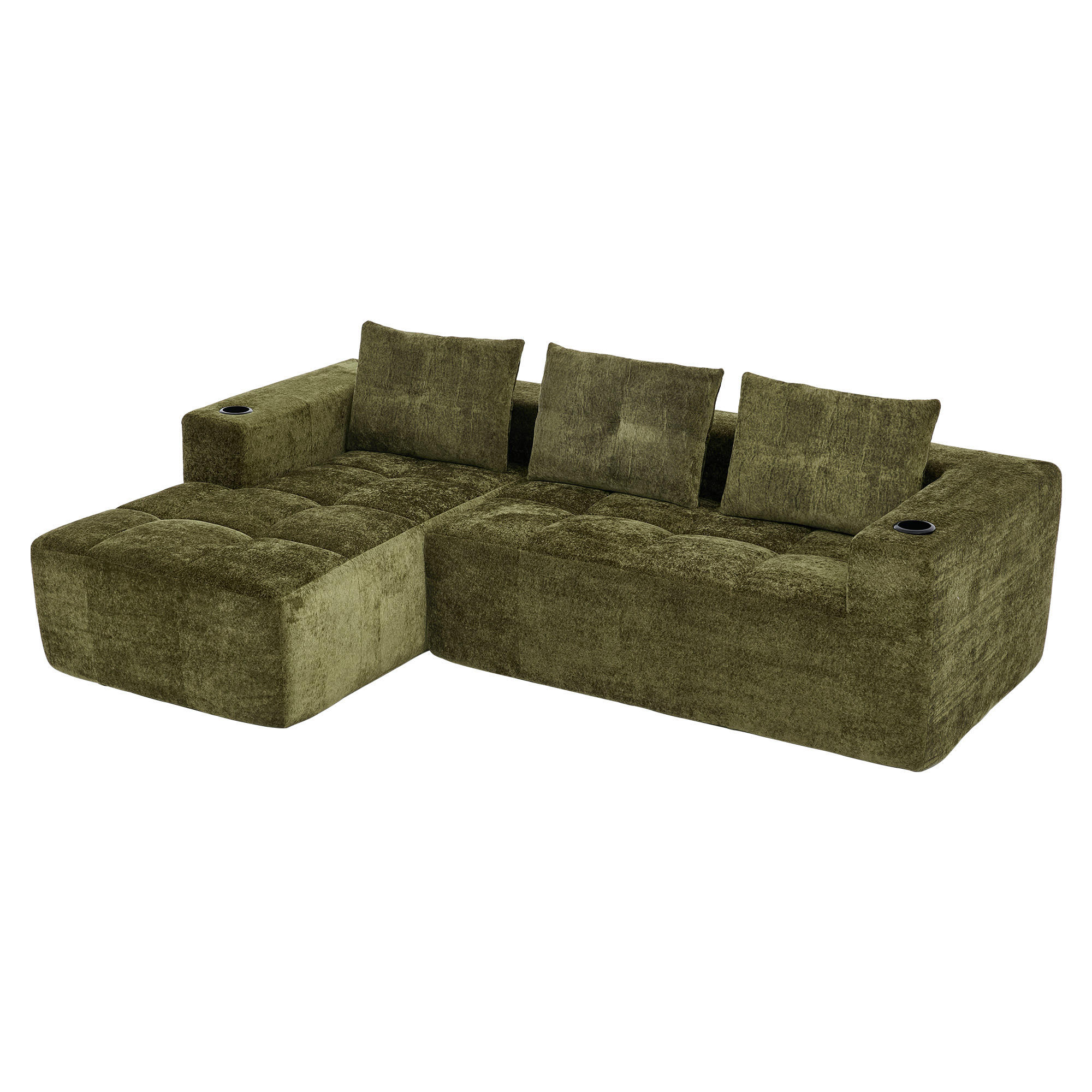 4-SITZER ECKSOFA Polyester Grün mit Becherhaltern - Grün, Textil (258/163cm) - WISHDOR