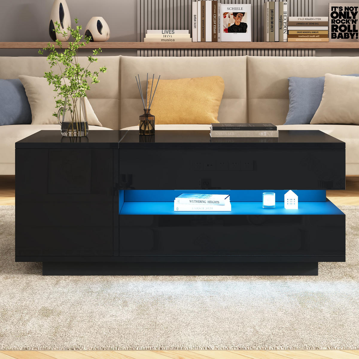 COUCHTISCH in Schwarz mit LED und Schublade für Wohnzimmer, B95/T50/H40 cm - Schwarz, Holzwerkstoff (50/95/34.5cm) - STILVORA