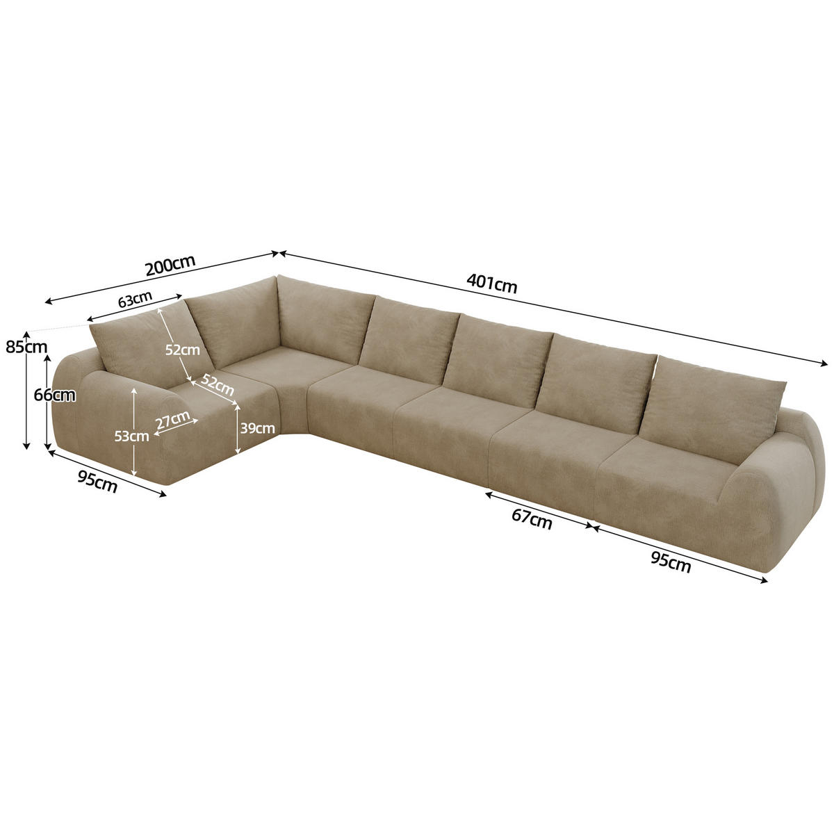 ECKSOFA 401/200/85 cm Khaki Chenille, 6-Sitzer - Sandfarben/Schwarz, Textil (401/200cm) - Oxeza