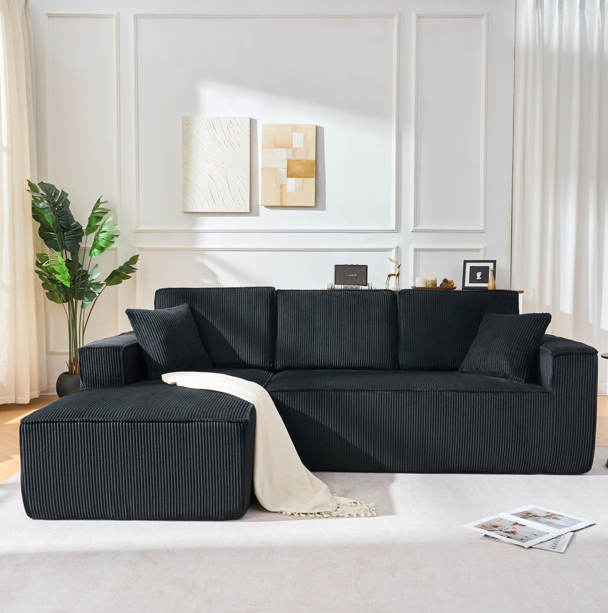 ECKSOFA 235/128/60 cm schwarz aus Cord mit Chaiselongue und 2 Kissen - Schwarz, Textil (128/235cm) - OKWISH