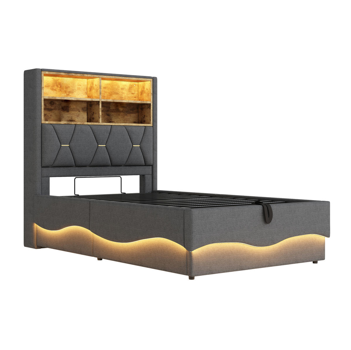 KINDERBETT 90/200 cm Grau aus Leinen und Metall mit LED-Beleuchtung und Stauraum - Grau, Metall (90/200cm) - OKMYHOME