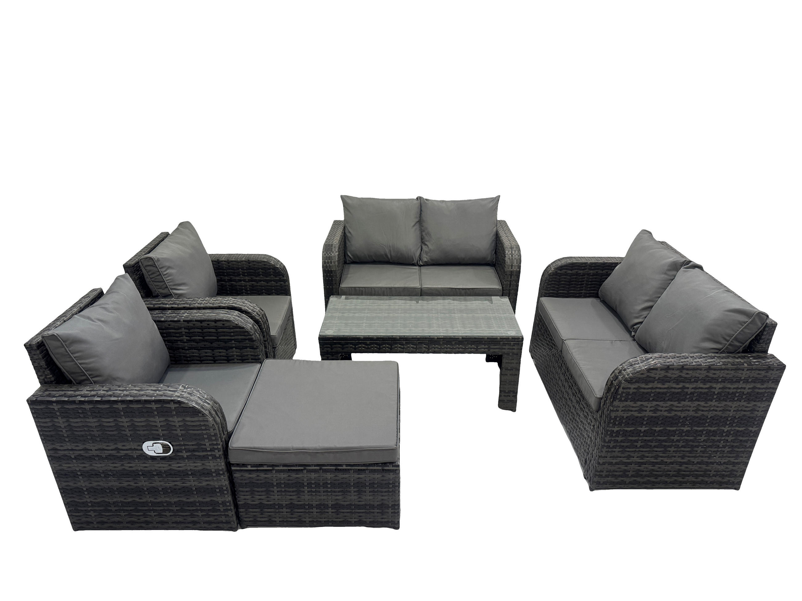 GARTENSOFA SET mit LIEGESTUHL Polyrattan 7-Sitzer Dunkelgrau - Dunkelgrau/Grau, Glas/Kunststoff - Fimous